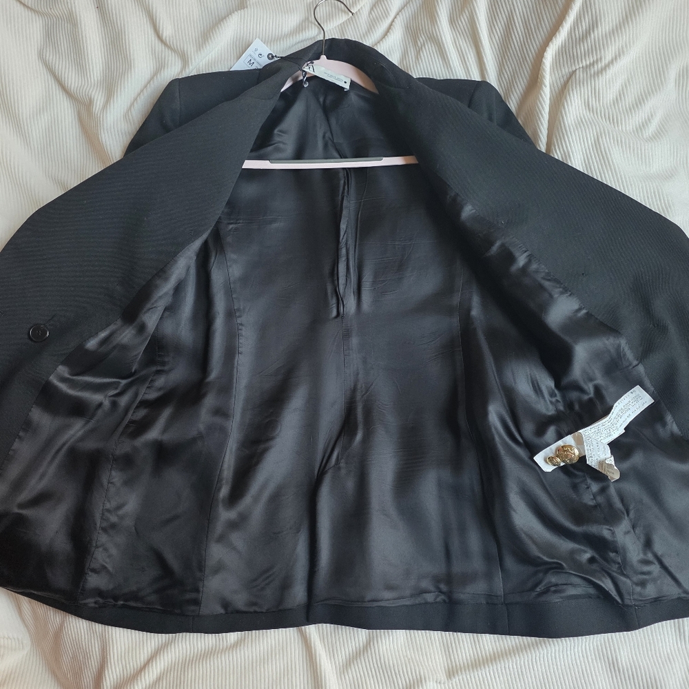 Zara Double Breasted Jacket Blazer Golden Buttons Zw Collection Black Sz M Nwt - Picture 10 of 10
